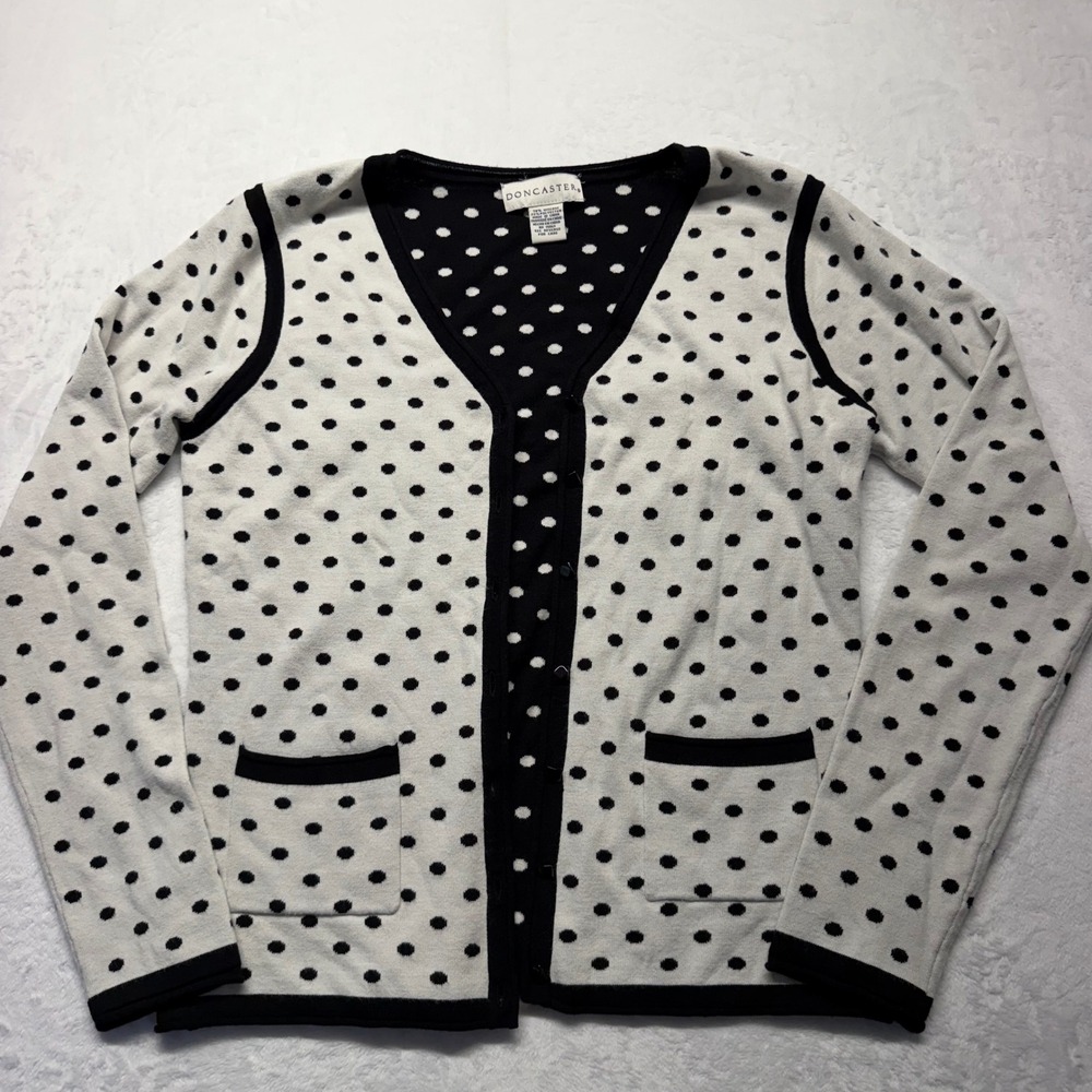 Doncaster Polka Dot Cardigan M White Black Square Button Women Retro Officecore